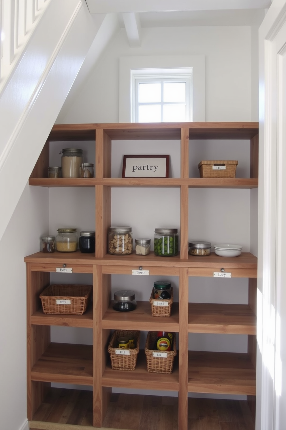 A cozy pantry design nestled under the stairs features open cubbies for easy visibility of all stored items. The shelves are crafted from reclaimed wood, showcasing a rustic charm while providing ample space for jars and baskets. The walls are painted in a soft white, enhancing the natural light that filters in from a small window above. Decorative labels adorn each cubby, adding a touch of organization and style to this functional space.