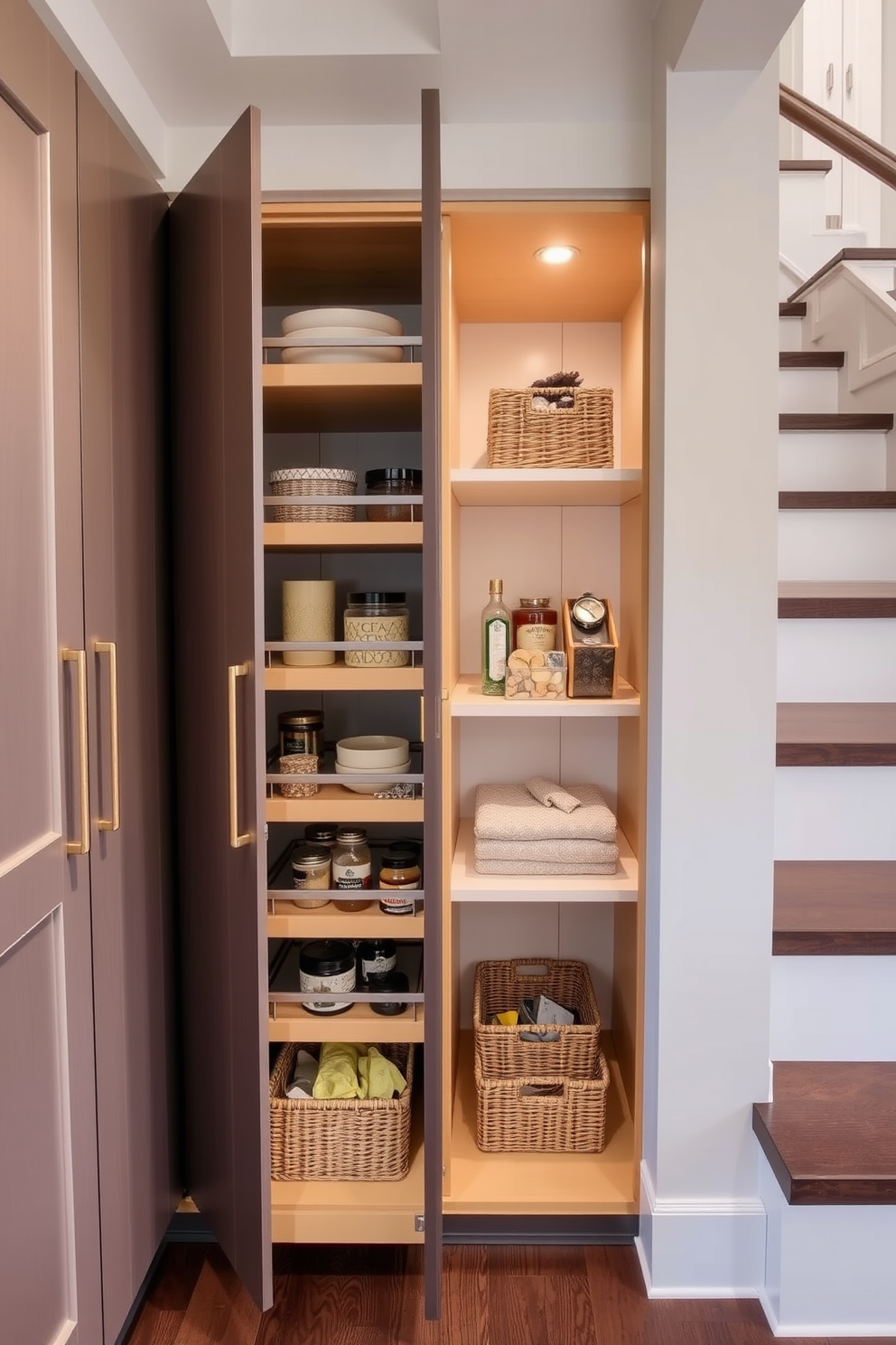 A stylish pull-out pantry is designed with multiple tiers for optimal organization. The cabinetry blends seamlessly with the surrounding decor, featuring a sleek finish and elegant hardware. Under the stairs, the pantry is cleverly integrated into the space, maximizing storage without sacrificing aesthetics. Shelves are arranged in a way that allows easy access to ingredients, with decorative baskets enhancing the visual appeal.