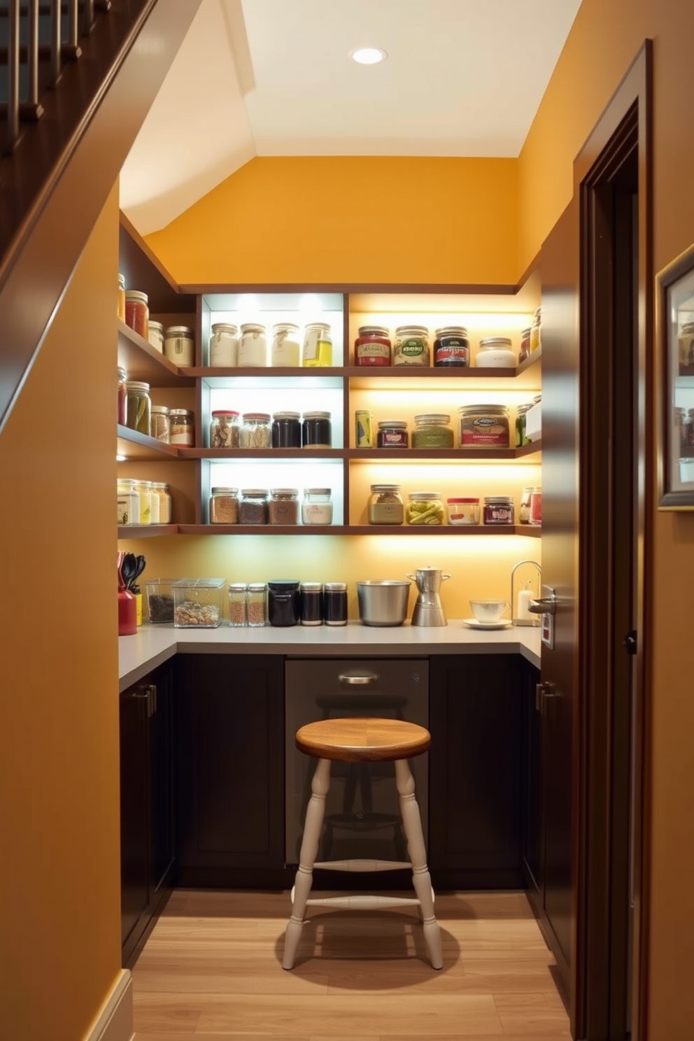 A cozy pantry designed under the stairs features built-in lighting that illuminates the space for bright visibility. Shelving units are arranged neatly along the walls, displaying jars and containers filled with various dry goods and spices. The design includes a small countertop for food preparation, complemented by a stylish stool for convenience. The walls are painted in a warm, inviting color, enhancing the overall ambiance of the pantry area.