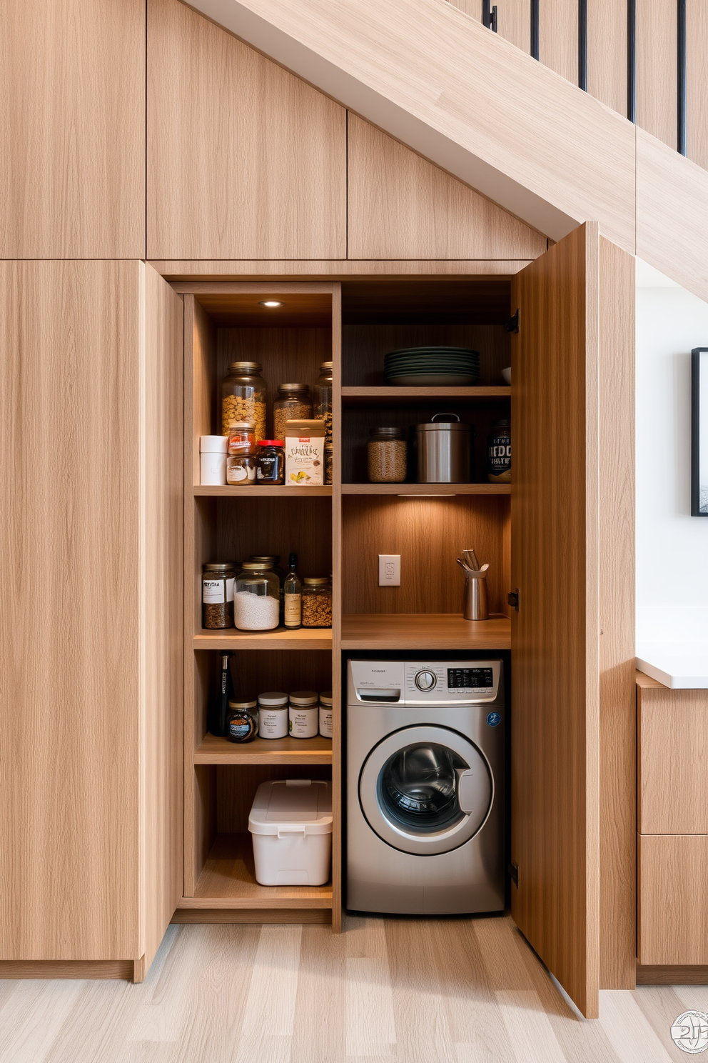 A stylish multi-purpose space that combines a pantry and laundry area. The design features sleek cabinetry with a warm wood finish, maximizing storage while maintaining an open feel. Under the stairs, there are organized shelves filled with jars of dry goods and essential kitchen items. Adjacent to the pantry, the laundry area includes a compact washer and dryer, with a folding countertop above for convenience.