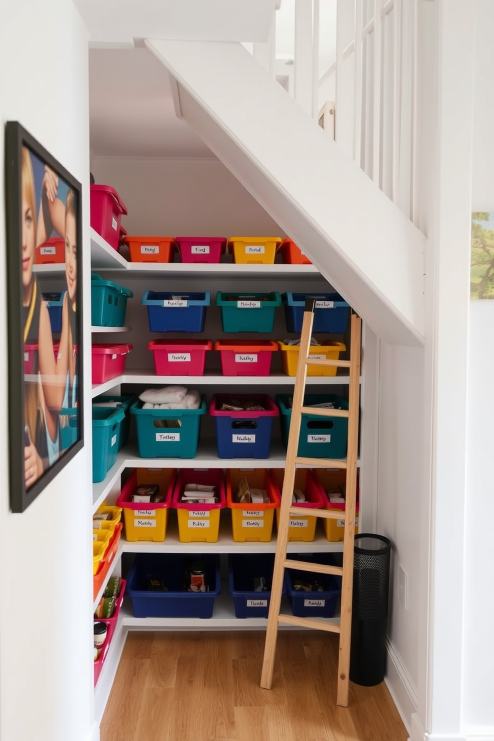 A cozy pantry design under the stairs featuring color-coded bins for organized storage. The bins are neatly arranged on shelves, with labels indicating their contents, creating a visually appealing and functional space. The walls are painted in a soft white hue, enhancing the brightness of the area. A small wooden ladder leans against the shelves, providing easy access to items stored at the back.