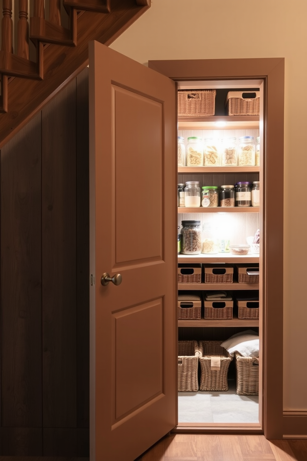 A hidden door seamlessly blends into the wall, creating a discreet entrance to a secret pantry tucked away under the stairs. The pantry features custom shelving made from reclaimed wood, providing ample storage for kitchen essentials while maintaining a rustic charm. Soft, ambient lighting illuminates the space, highlighting the organized jars and baskets filled with dry goods. The walls are painted in a soft cream color, enhancing the cozy atmosphere of this cleverly designed pantry.