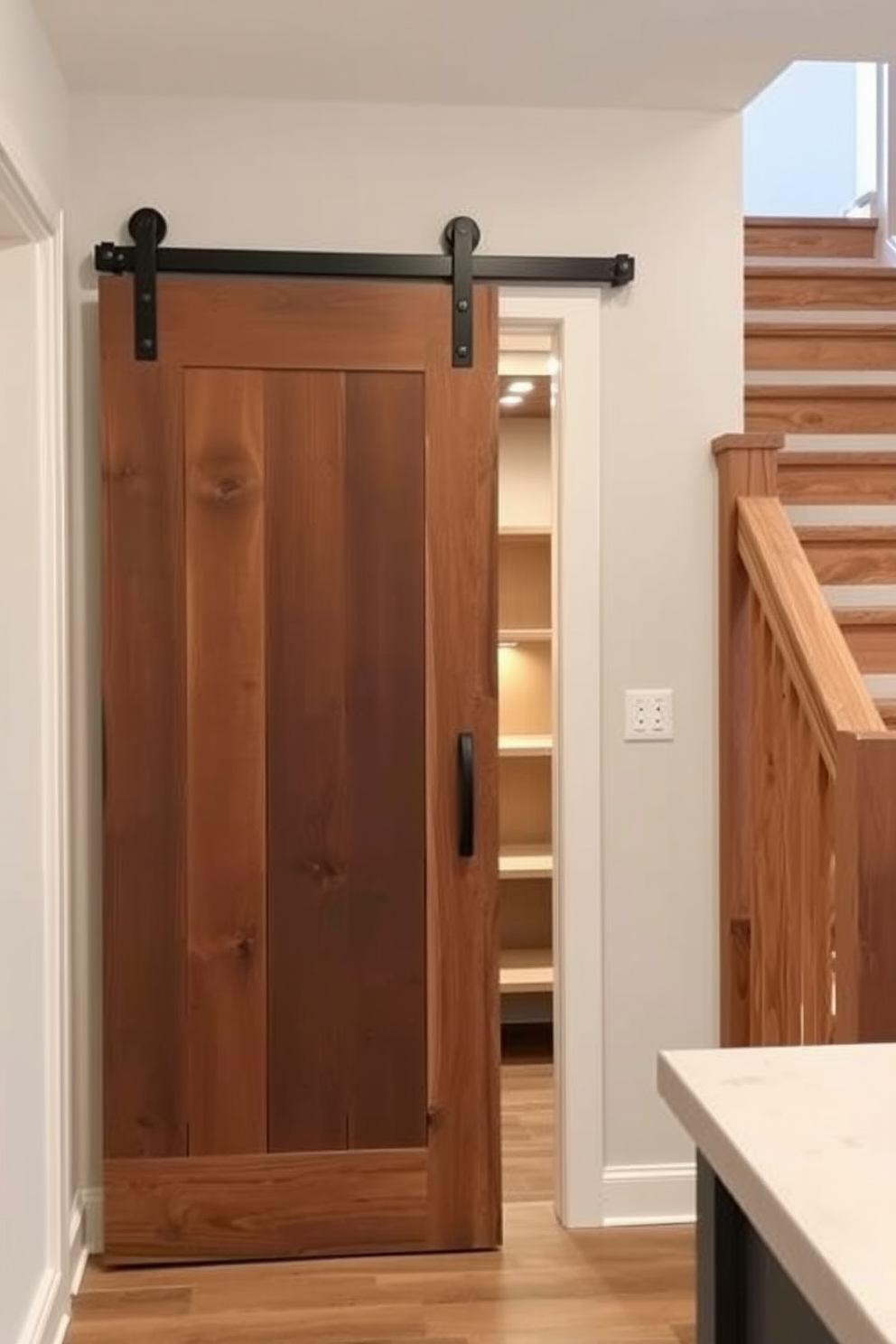 A sliding barn door made of reclaimed wood serves as a stylish entryway, adding rustic charm to the space. The door features a sleek black track that complements the overall design aesthetic. The pantry under the stairs is cleverly designed with open shelving made from natural wood. Soft LED lighting illuminates the shelves, creating an inviting atmosphere for storage and organization.