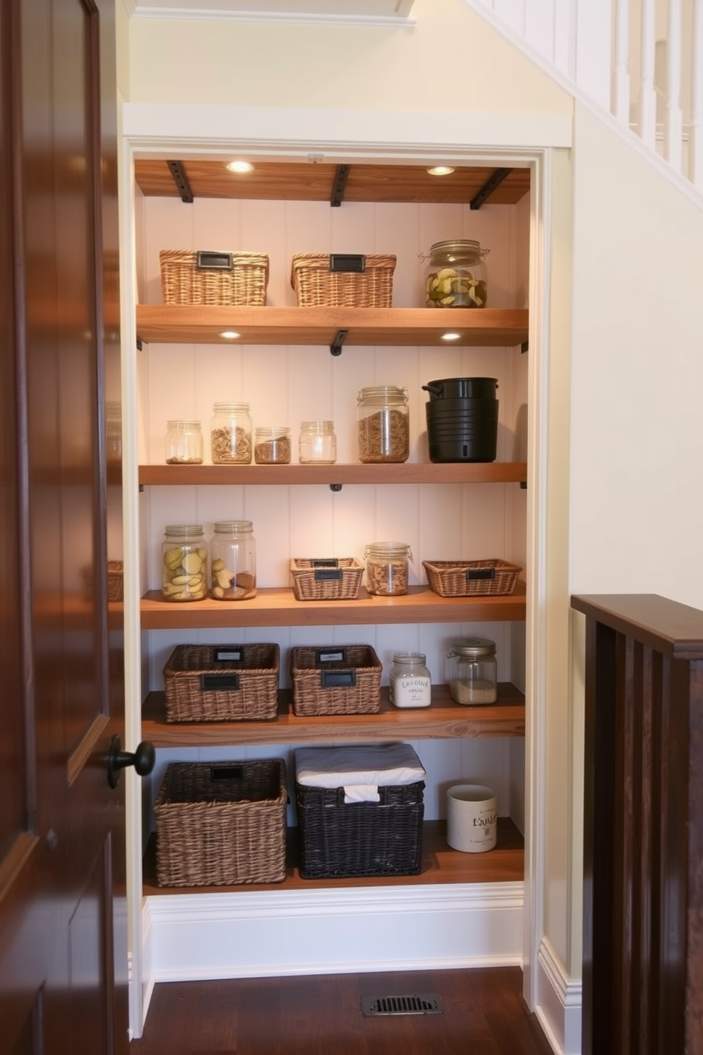 A cozy pantry design nestled under the stairs features adjustable shelving for flexible storage solutions. The shelves are made of reclaimed wood, providing a rustic charm, while soft lighting enhances the inviting atmosphere. The space is painted in a warm cream color, creating a bright and airy feel. Decorative baskets and jars are neatly organized on the shelves, adding both functionality and style to the area.