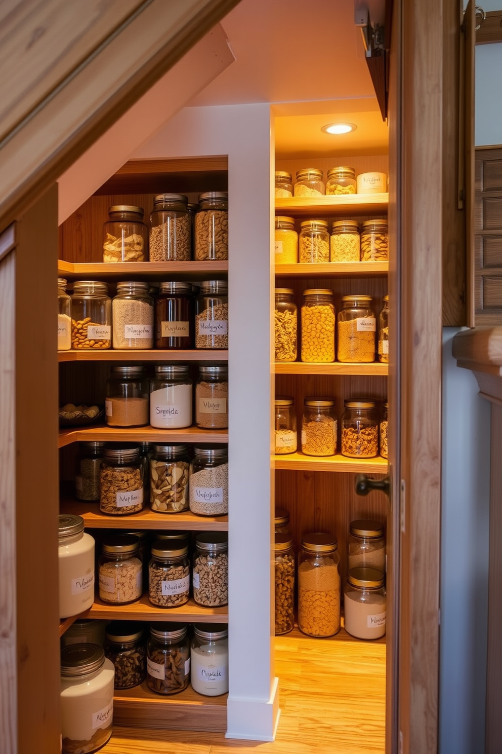 A cozy pantry tucked under the stairs features glass jars neatly organized on wooden shelves. The jars are filled with various dry goods, labeled for easy access, and complemented by warm lighting that highlights the natural wood tones.