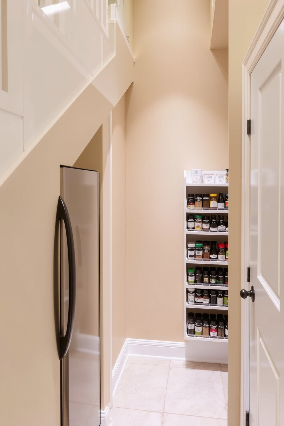 A cozy pantry nestled under the stairs features a built-in spice rack on the side, showcasing neatly organized jars of spices. The walls are painted in a warm beige, creating an inviting atmosphere, while soft lighting illuminates the space for easy access and a touch of elegance.