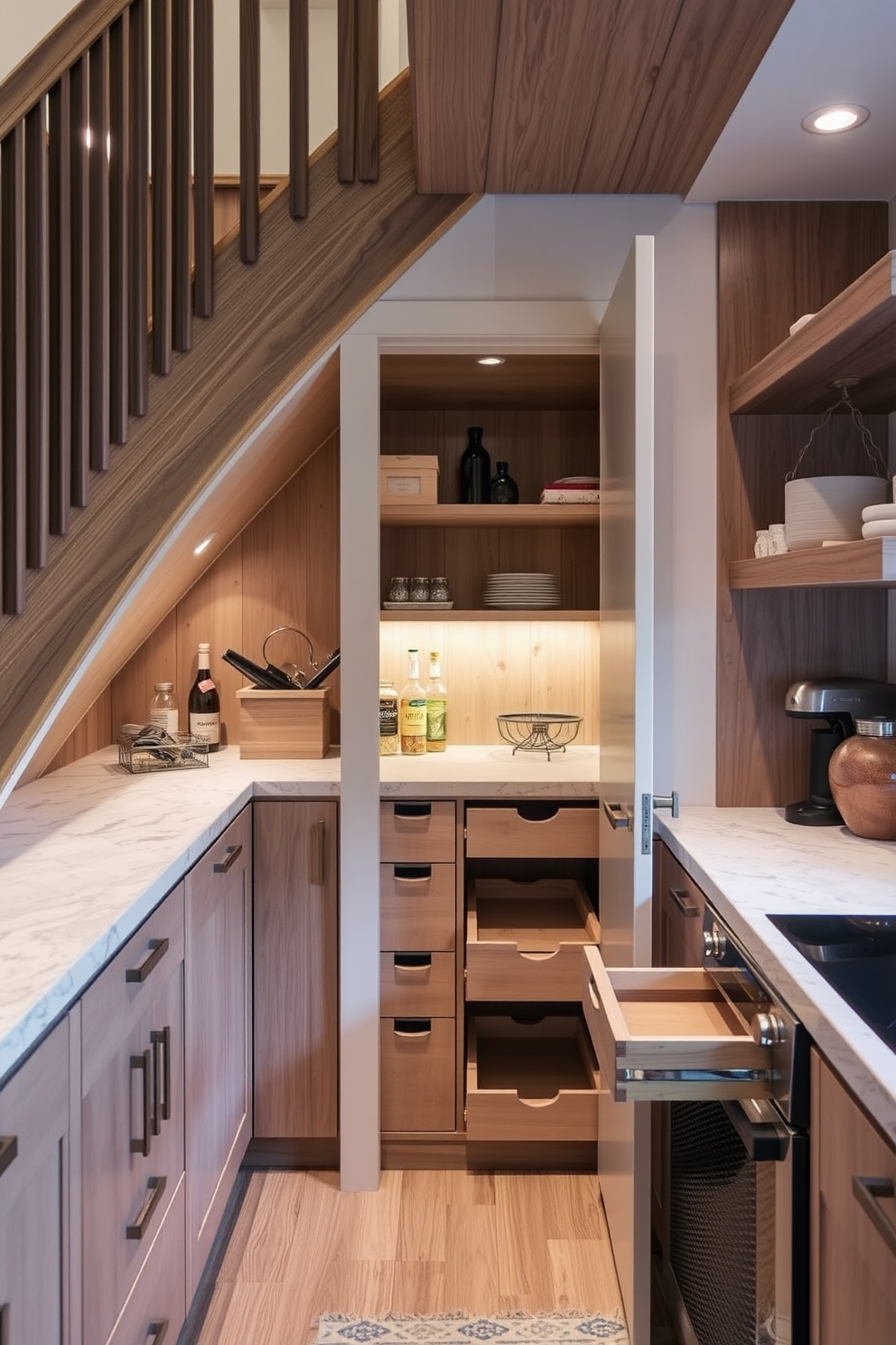 A cozy pantry tucked under the stairs features pull-out drawers that maximize hidden storage space. The design incorporates soft lighting and natural wood finishes to create an inviting atmosphere.