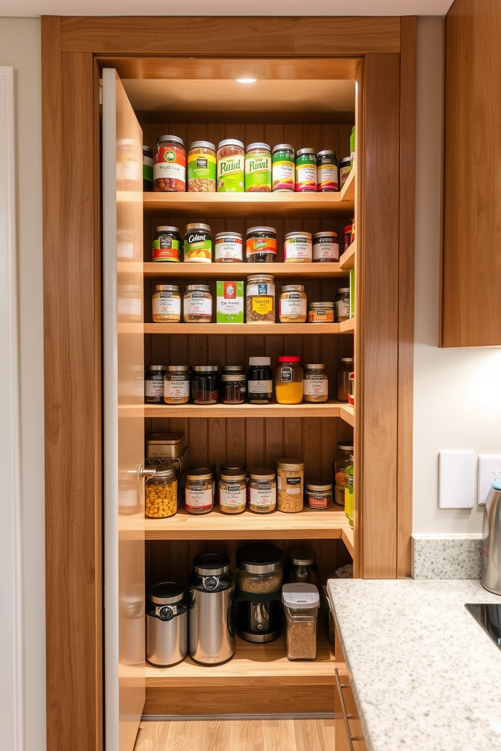 A cozy pantry design tucked under the stairs features vertical storage for canned goods. The shelves are made of natural wood, showcasing an organized display of colorful jars and neatly labeled containers. Soft lighting illuminates the space, creating a warm atmosphere. A small countertop area provides additional workspace for meal prep and storage for kitchen essentials.