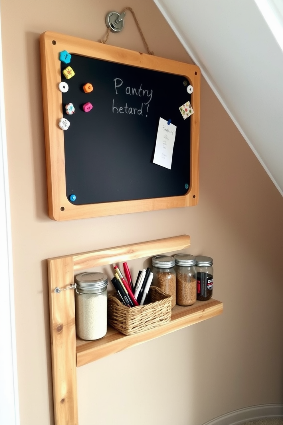 A cute chalkboard is mounted on the wall, surrounded by colorful magnets and decorative clips. Below the chalkboard, a small wooden shelf holds a basket for storing pens and notepads. The pantry under the stairs features open shelving made of reclaimed wood, displaying jars of grains and spices. Soft lighting highlights the organized shelves, creating a cozy and functional storage space.