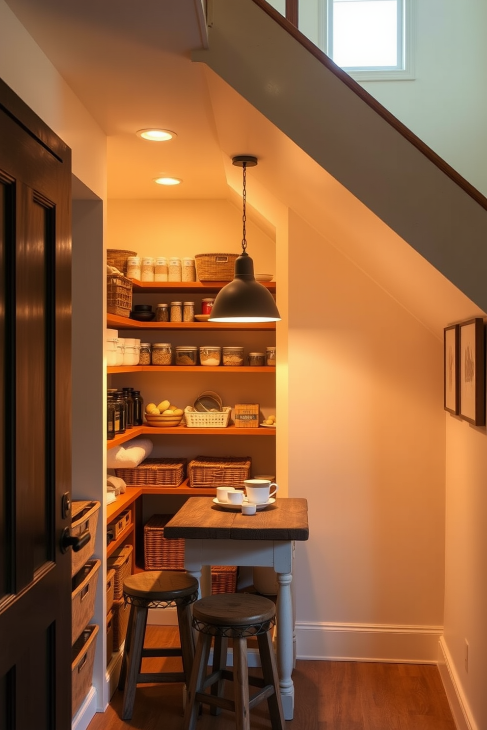 Warm lighting creates an inviting atmosphere in a cozy pantry tucked under the stairs. Soft pendant lights illuminate the space, highlighting wooden shelves filled with neatly organized jars and baskets. The walls are painted in a soft cream color, enhancing the warmth of the lighting. A small, rustic table with a couple of stools provides a charming spot for meal prep or enjoying a cup of coffee.