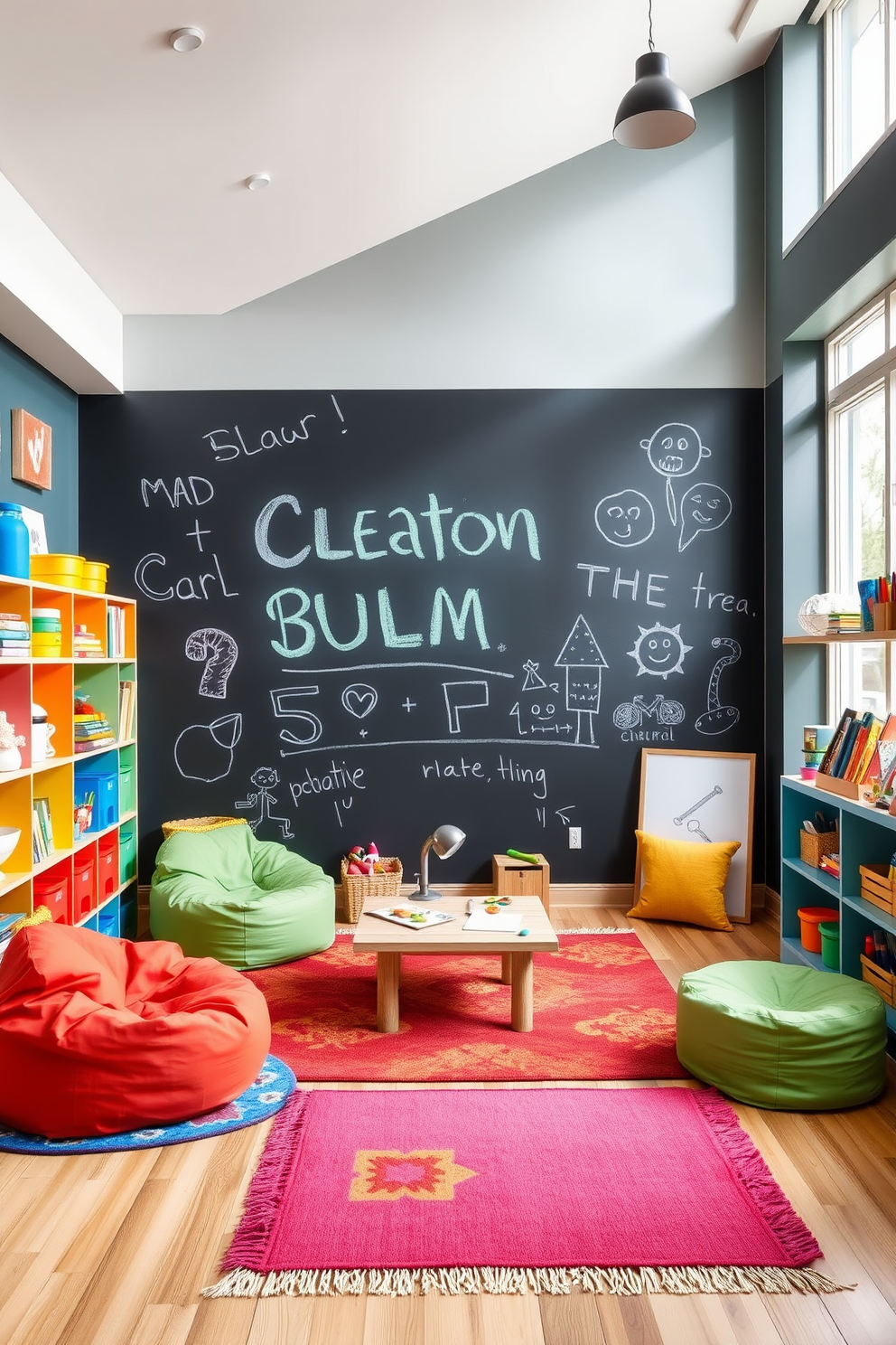 A vibrant playroom featuring a colorful chalkboard wall that encourages creativity and artistic expression. The space is filled with playful furniture such as bean bags and a low table, providing a comfortable area for children to draw and play. Brightly colored rugs add warmth to the floor, while shelves stocked with art supplies and toys create an inviting atmosphere. Large windows allow natural light to flood the room, enhancing the cheerful and imaginative environment.