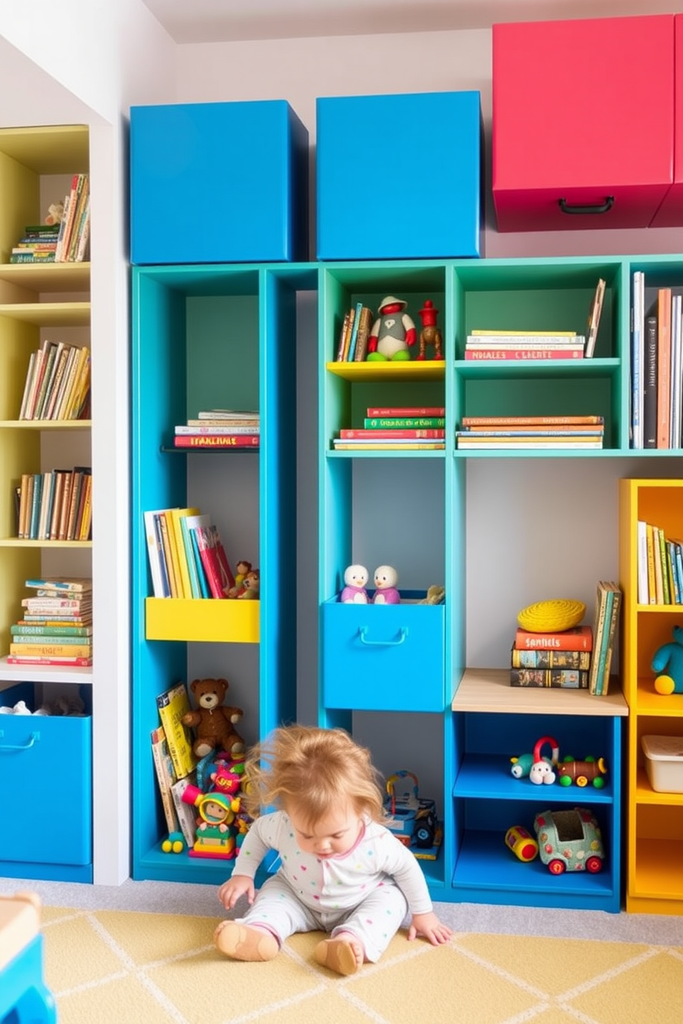 A playful and vibrant playroom featuring wall-mounted storage units in bright colors. The storage is filled with neatly organized toys and books, creating an inviting and functional space for children to explore and play.