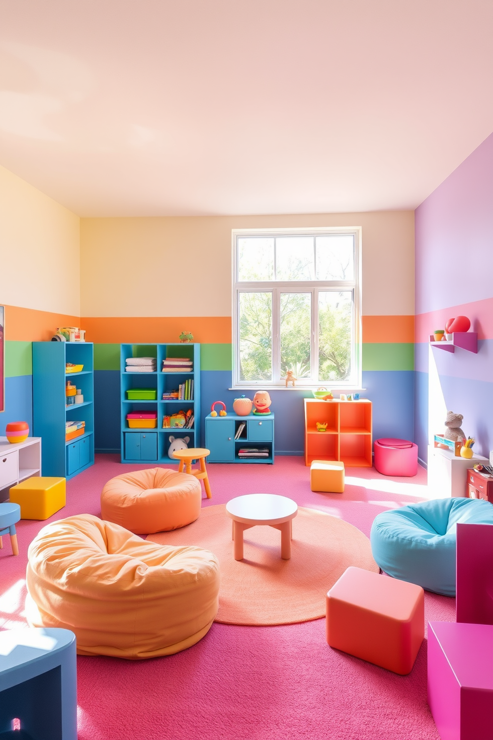 A vibrant playroom filled with an array of colors. The walls are painted in a soft pastel rainbow gradient, creating a cheerful and inviting atmosphere. Brightly colored furniture pieces are scattered throughout the space, including bean bags, a small table, and shelves filled with toys. Large windows allow natural light to flood the room, enhancing the playful and lively vibe.