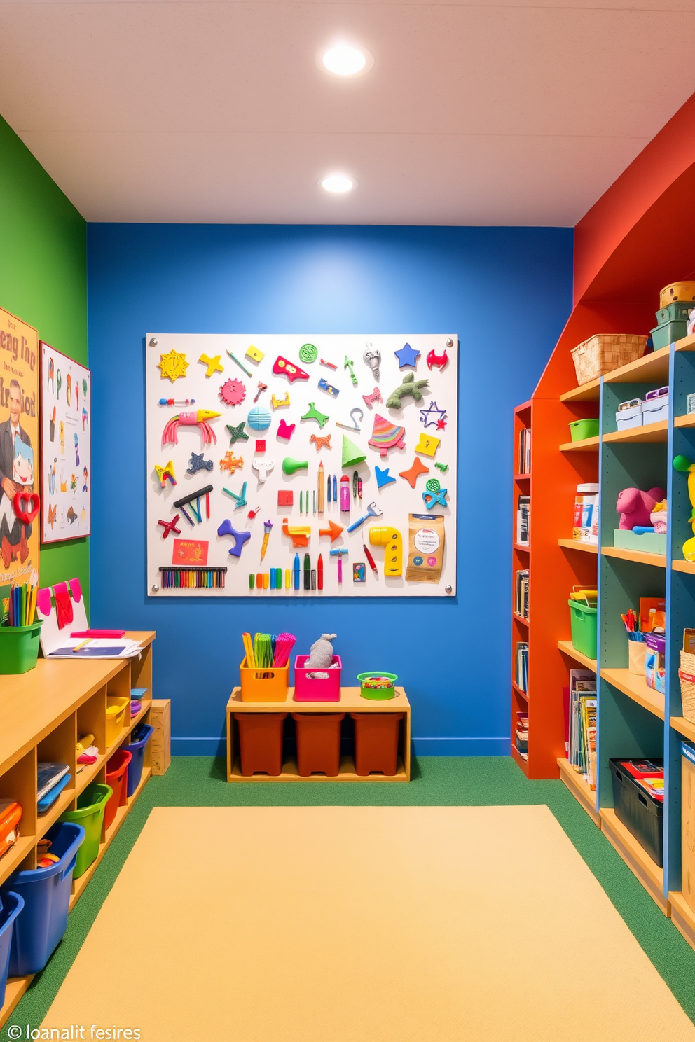 A vibrant playroom filled with a magnetic wall for creative activities. The walls are painted in bright primary colors, encouraging imagination and playfulness. Soft, cushioned flooring provides a safe space for children to explore and create. Shelves are stocked with colorful art supplies, toys, and books, fostering a stimulating environment.