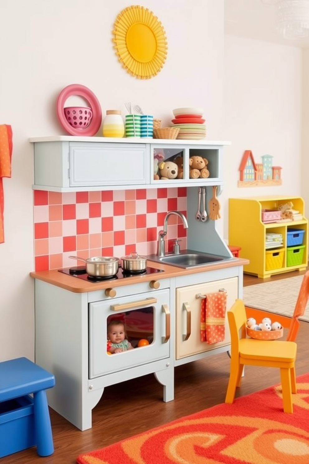 A whimsical play kitchen designed for imaginative cooking fun. It features a bright color palette with a red and white checkered backsplash and a miniature wooden stove, complete with pretend pots and pans. The playroom is filled with vibrant, playful furniture and soft rugs. There are cozy reading nooks and a variety of toys organized in colorful bins to inspire creativity and exploration.