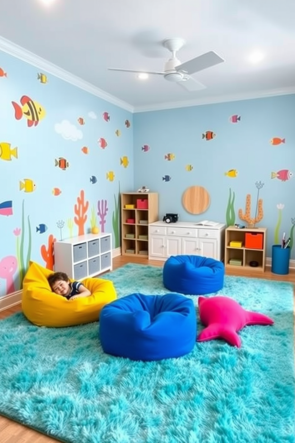 A whimsical playroom designed with an under-the-sea theme. The walls are painted in soft blue hues, adorned with colorful fish and coral decals, creating an immersive aquatic atmosphere. A large, plush rug mimics the ocean floor, featuring shades of turquoise and sandy beige. Brightly colored bean bags shaped like sea creatures provide comfortable seating for children to relax and play.