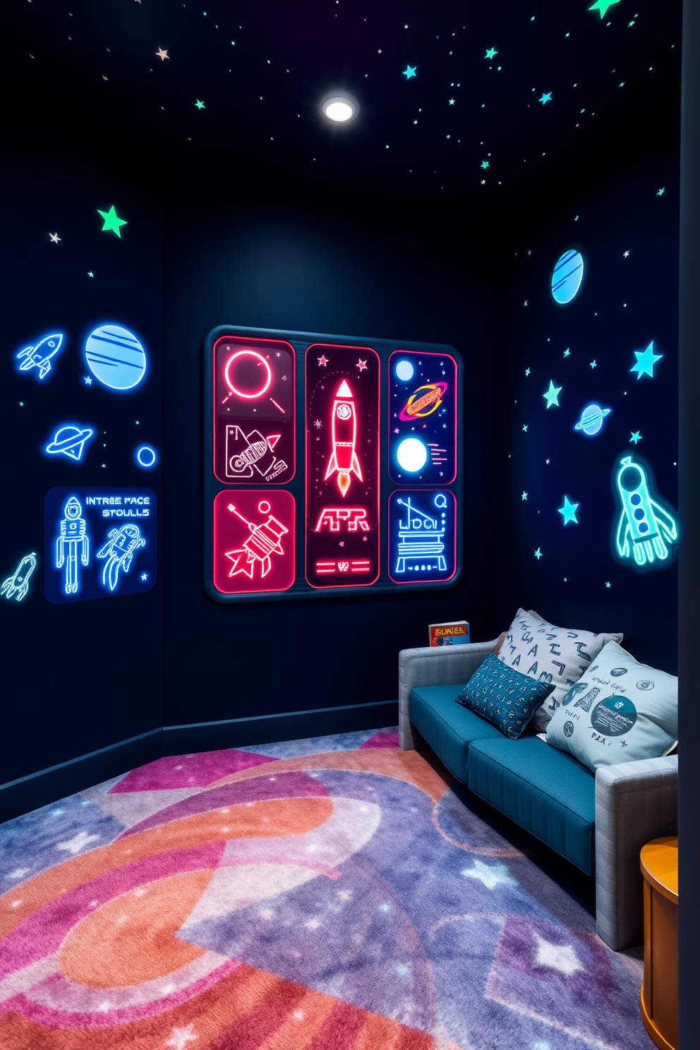 A futuristic playroom designed for aspiring astronauts. The walls are painted in deep navy blue, adorned with glow-in-the-dark stars and planets. There are interactive wall panels featuring space missions and rocket designs. The floor is covered in a soft, multi-colored carpet resembling a galaxy, and a cozy reading nook is filled with space-themed books and cushions.