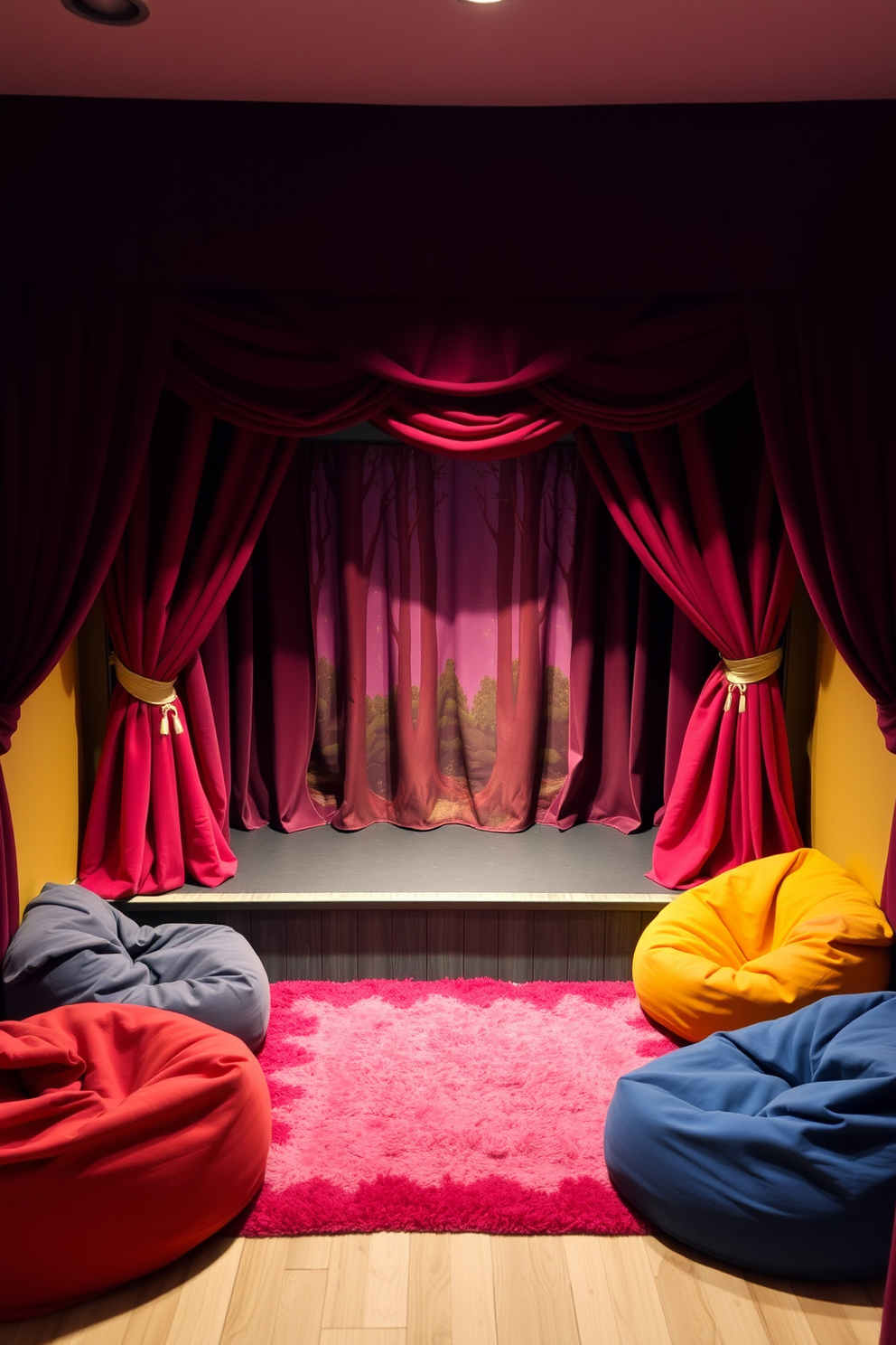 A whimsical puppet theater setup designed for imaginative storytelling. The stage features rich velvet curtains in deep red, with a painted backdrop of a magical forest scene. The seating area includes colorful bean bags and plush rugs for comfort. Soft, warm lighting creates an inviting atmosphere, encouraging creativity and play.