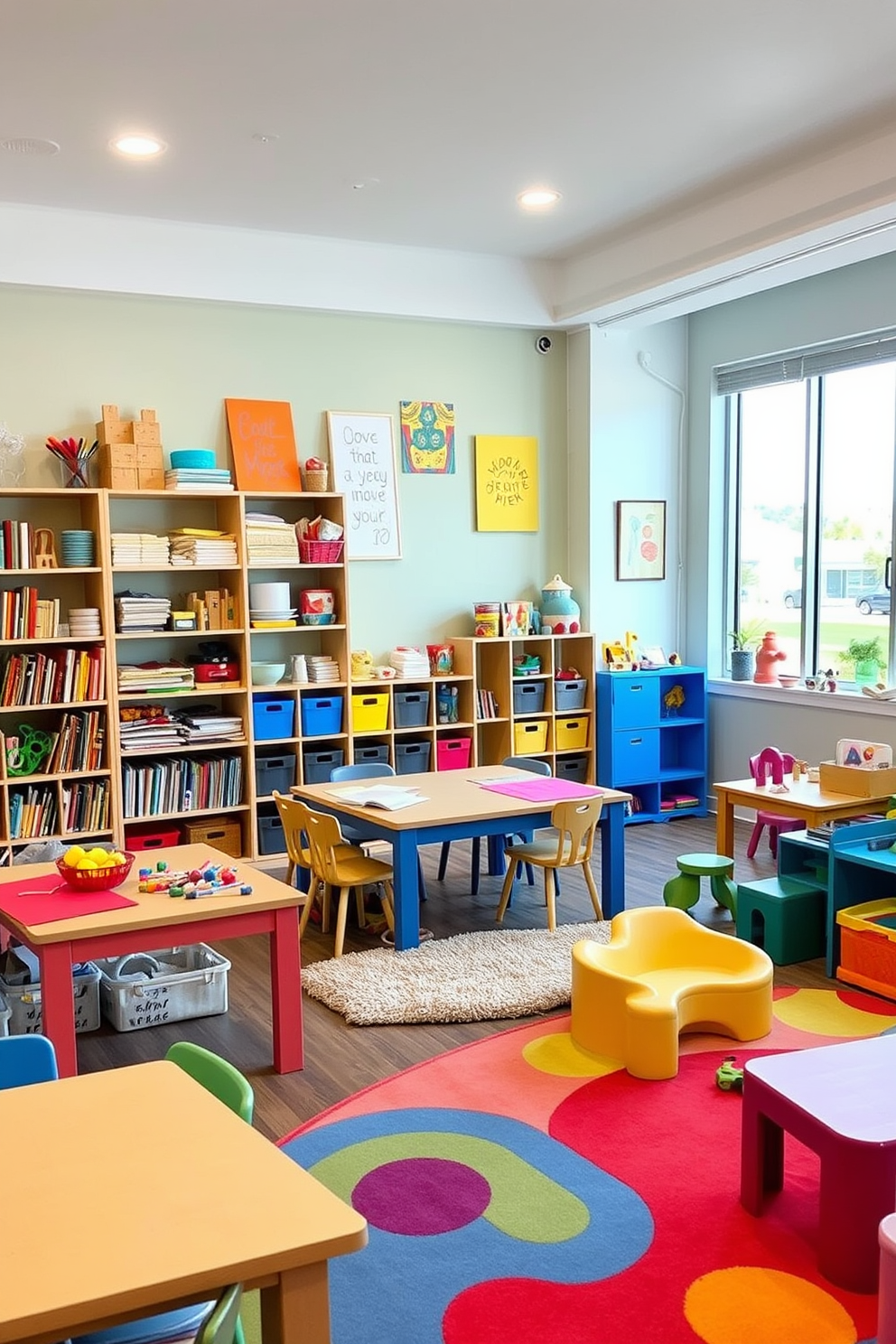 A cozy craft corner filled with colorful supplies and spacious tables for creativity. The walls are adorned with inspirational artwork and shelves are stocked with various materials like paper, paints, and fabric. A vibrant playroom designed for fun and learning. The space features soft, plush rugs, a variety of toys, and playful furniture that encourages imaginative play.