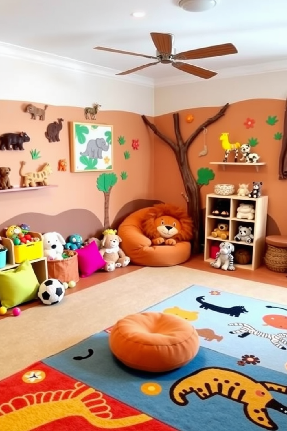 A vibrant playroom filled with animal-themed decor creates a fun and adventurous atmosphere. The walls are painted in soft earth tones, adorned with playful animal wall art and plush toys scattered throughout the space. In one corner, a cozy reading nook features a large bean bag shaped like a lion. Colorful rugs with animal prints cover the floor, inviting children to sit and play.