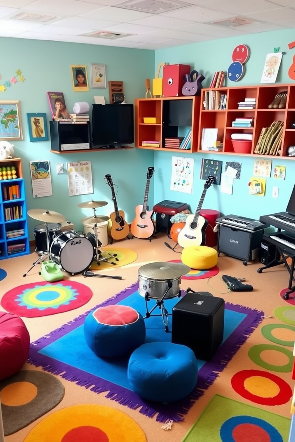 A vibrant playroom filled with creative energy. Colorful rugs cover the floor, and a variety of musical instruments like drums, guitars, and keyboards are arranged in a cozy corner. The walls are painted in cheerful hues, with playful artwork and shelves displaying books and toys. Soft seating options invite children to relax and explore their musical talents.