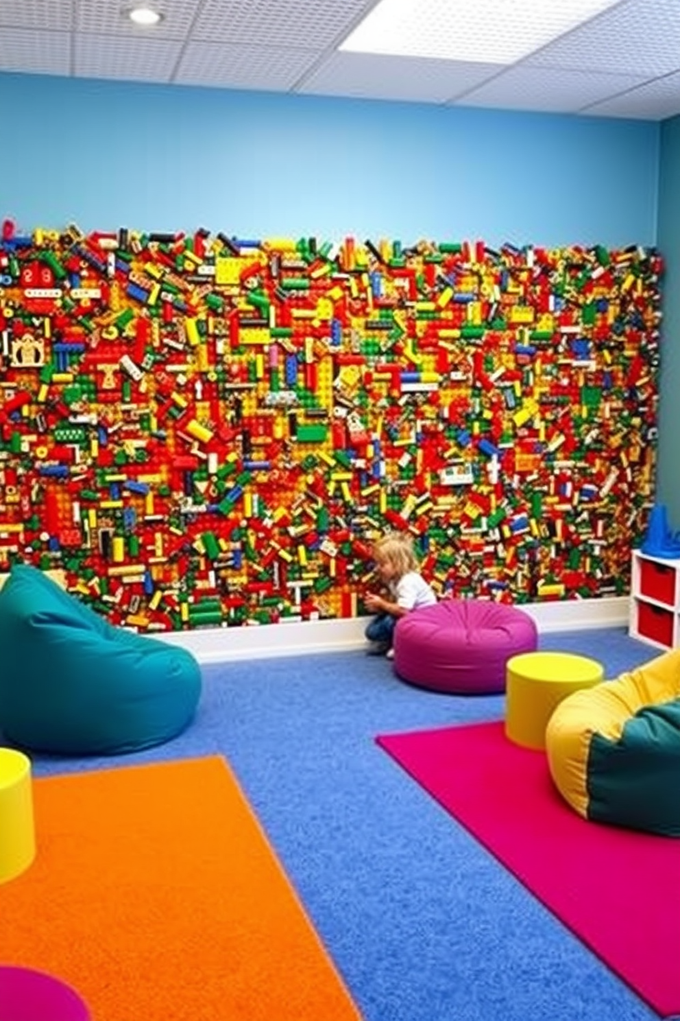 A vibrant playroom featuring an interactive Lego wall that encourages creativity and play. The wall is filled with colorful Lego bricks in various shapes and sizes, allowing children to build and explore their imaginations. Brightly colored rugs cover the floor, providing a soft area for play. Comfortable seating options, like bean bags and small chairs, are arranged around the room for relaxation and socializing.