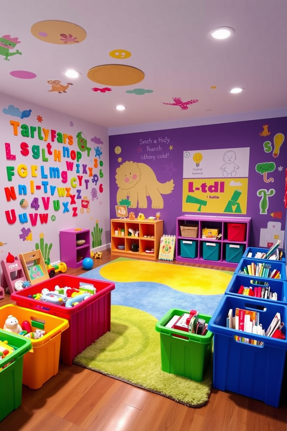 A vibrant playroom filled with interactive wall decals that encourage learning and creativity. The walls are adorned with colorful designs featuring letters, numbers, and playful characters that engage children in educational activities. The room includes a soft, plush rug in bright colors to provide a comfortable play area. Various storage bins are neatly arranged, filled with toys and books, promoting an organized and inviting space for imaginative play.