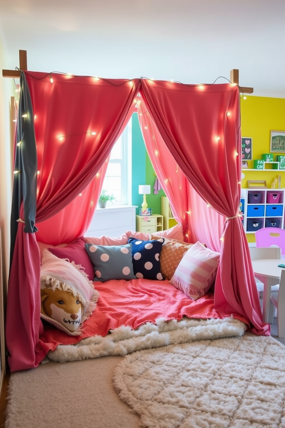 A cozy DIY fort area filled with colorful blankets and plush pillows creates a whimsical retreat for children. The fort is draped with fairy lights, adding a magical touch to the play space. In the playroom, vibrant wall colors and playful furniture pieces encourage creativity and fun. A soft rug anchors the area, providing a comfortable spot for play and relaxation.