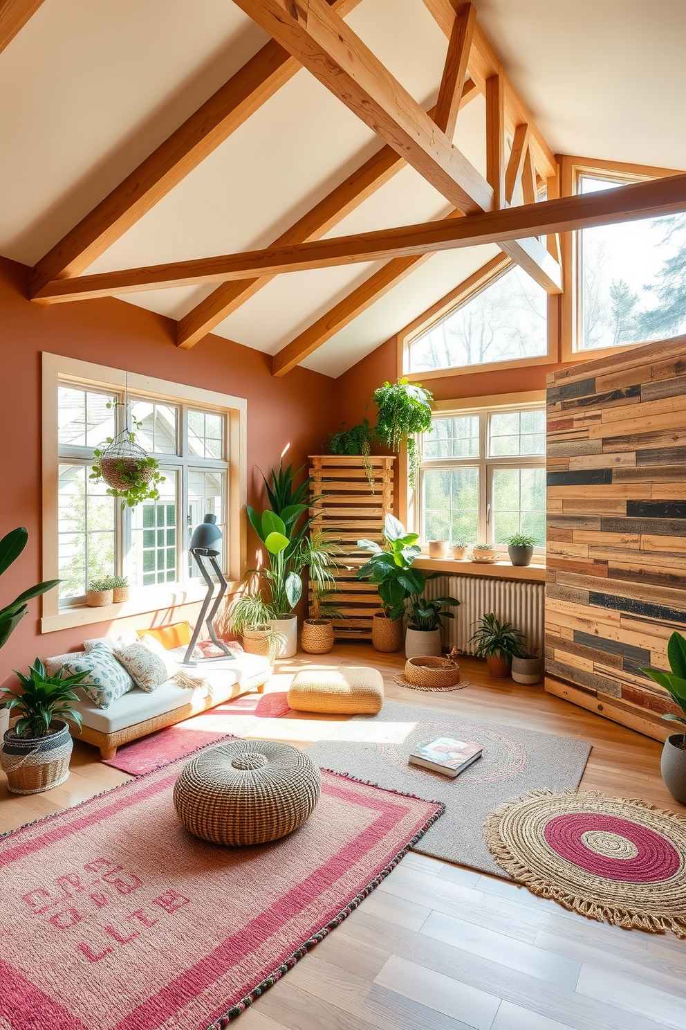 A vibrant outdoor-inspired playroom filled with natural elements. The walls are painted in soft earth tones, and large windows allow plenty of sunlight to fill the space. Wooden beams stretch across the ceiling, creating a warm and inviting atmosphere. A cozy reading nook with cushions made of organic fabrics is nestled in one corner, surrounded by indoor plants. Colorful rugs made from natural fibers cover the floor, providing a soft area for play. A climbing wall made of reclaimed wood adds a fun and adventurous touch to the room.