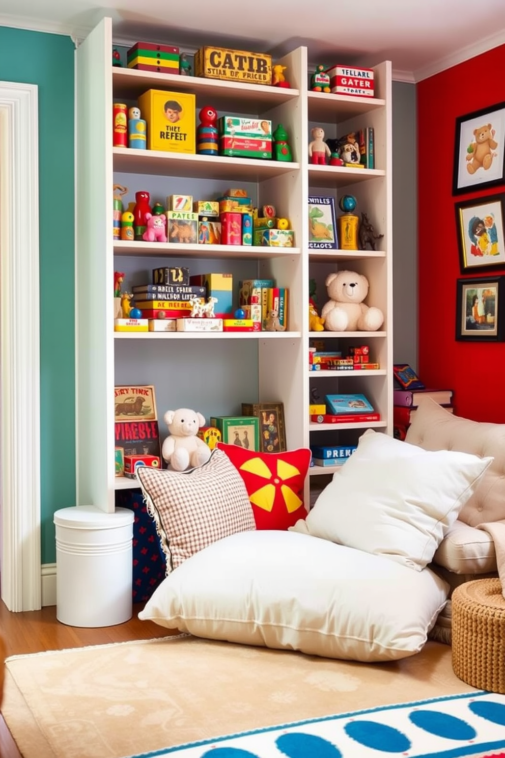 A charming vintage toy display fills the room with nostalgic charm. Shelves are lined with colorful classic toys, including wooden blocks and plush animals, creating a whimsical atmosphere. The playroom features a cozy reading nook with a soft rug and oversized cushions. Brightly colored walls adorned with playful artwork enhance the cheerful vibe of the space.