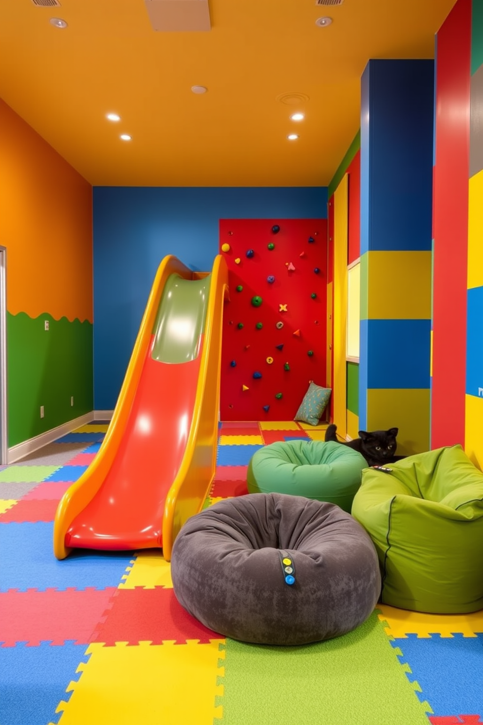 A vibrant playroom designed for active play features a large slide that curves down into a soft landing area covered with colorful foam tiles. Adjacent to the slide, a climbing wall with various grips and textures encourages children to explore and develop their climbing skills. The walls are painted in cheerful primary colors, creating an energetic and inviting atmosphere. Plush seating areas with bean bags and cushions provide comfortable spots for rest and imaginative play.