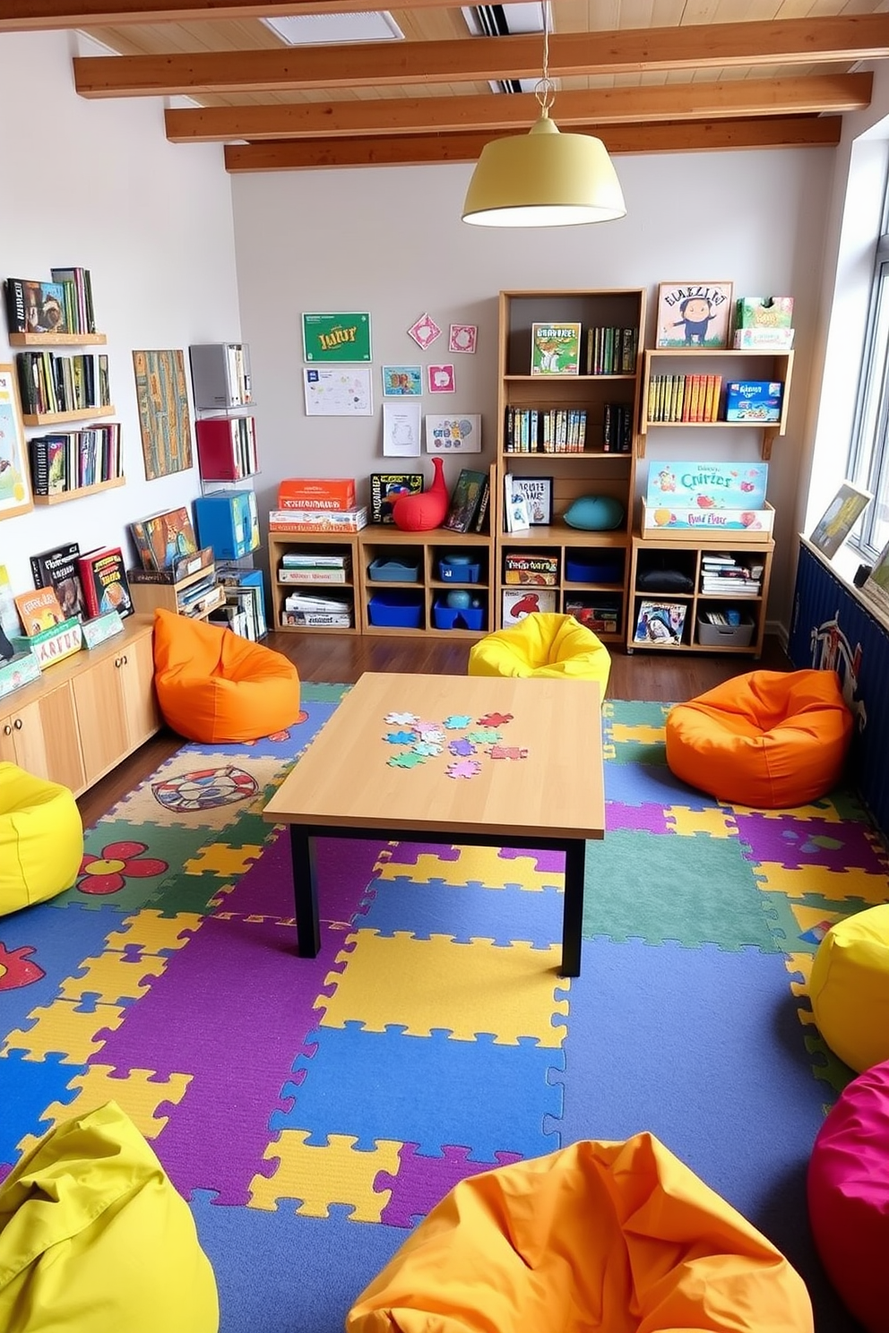 A vibrant playroom filled with colorful puzzle mats and game stations invites family fun. Wall-mounted shelves display an array of board games and puzzles, while a cozy reading nook with plush cushions encourages quiet time. The room features a large table in the center for crafting and playing games together. Brightly colored bean bags are scattered around, providing comfortable seating for all ages.