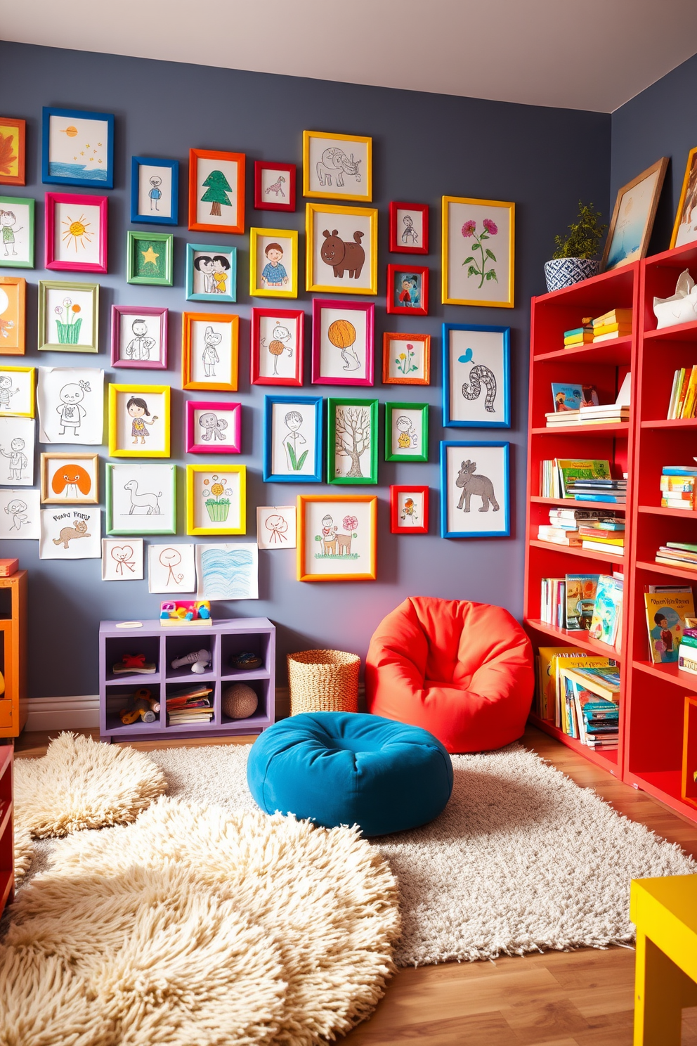 A vibrant art gallery wall showcasing an array of kids' artwork in colorful frames. The wall is adorned with various sizes of drawings and paintings, creating a joyful and creative atmosphere. A playful playroom design featuring soft, plush rugs and bright furniture. The space includes a cozy reading nook with bean bags and shelves filled with books and toys.