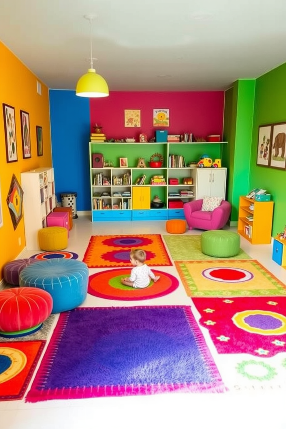 A vibrant playroom filled with energy and creativity. Colorful rugs in various shapes and patterns define distinct play zones, creating a fun and inviting atmosphere for children. The walls are painted in cheerful hues, complemented by playful artwork and shelving filled with toys and books. Soft seating areas are arranged around the rugs, providing comfortable spots for reading and relaxation.