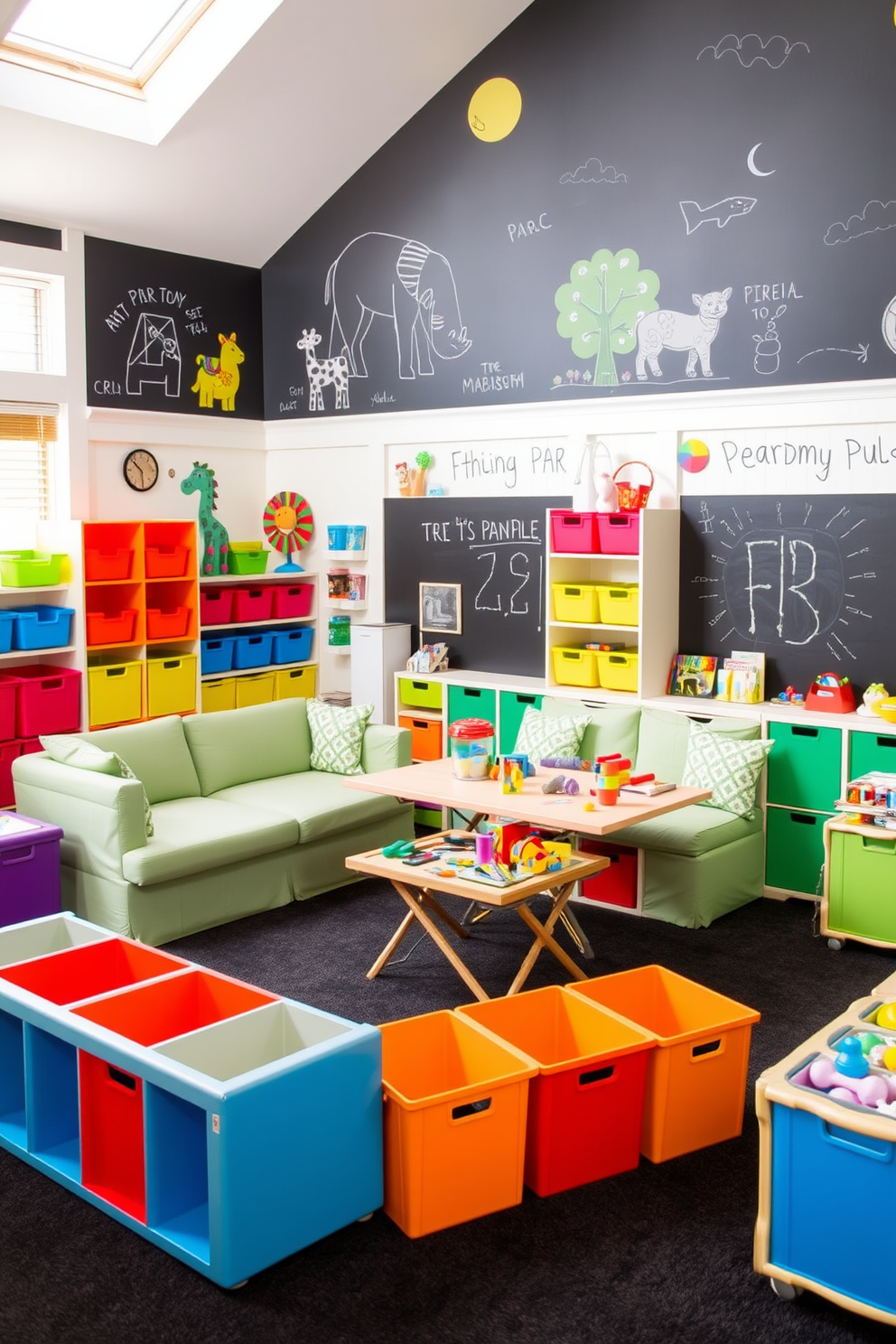 A vibrant playroom filled with transformable furniture that adapts to various activities. The space features a modular sofa that can be rearranged into different configurations and a foldable table for arts and crafts. Brightly colored storage bins are neatly organized, providing easy access to toys and games. The walls are adorned with playful murals and chalkboard paint for creative expression.