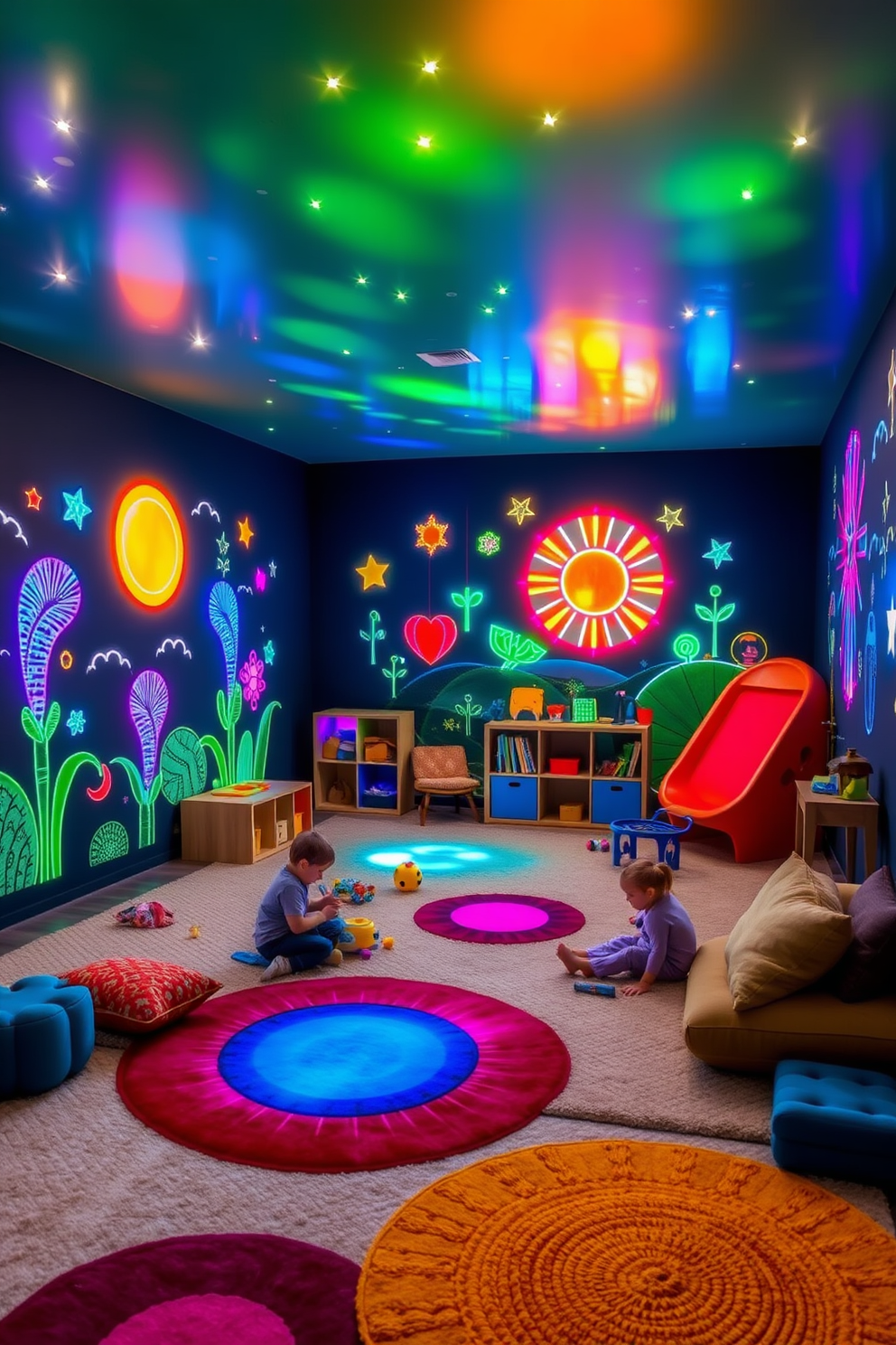 Light-up wall art for magical ambiance. The walls are adorned with vibrant, illuminated artwork that creates a whimsical atmosphere, featuring playful designs and colors that inspire creativity. Playroom design ideas. The space is filled with soft, colorful rugs and comfortable seating, encouraging play and relaxation, while storage solutions are cleverly integrated to keep toys organized and accessible.