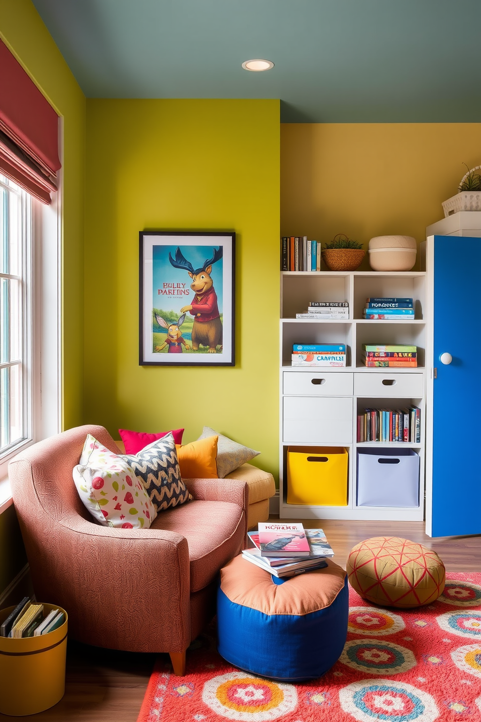 Cozy reading nook with cushions and books. A comfortable armchair is positioned next to a large window, surrounded by a collection of colorful cushions and a small side table filled with books. Playroom design ideas. The space features vibrant wall colors, playful furniture, and a soft rug, creating an inviting atmosphere for children to explore and play.