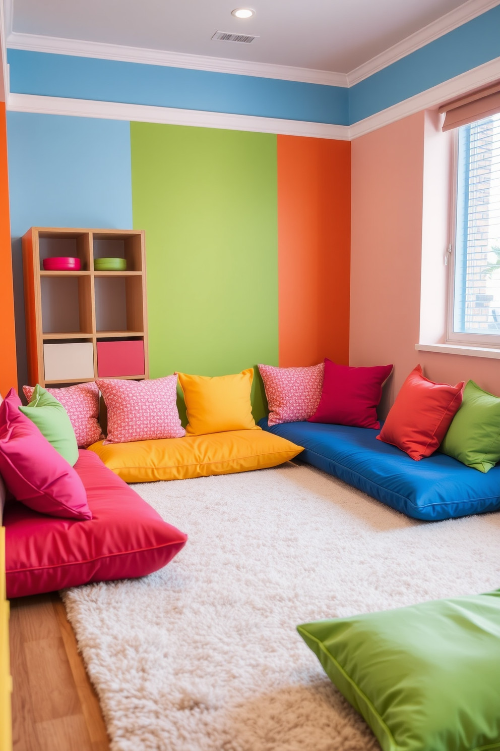 A playful playroom filled with colorful floor cushions arranged in a cozy seating area. The walls are painted in bright, cheerful colors, and a soft rug covers the floor, creating a welcoming space for children to relax and play.