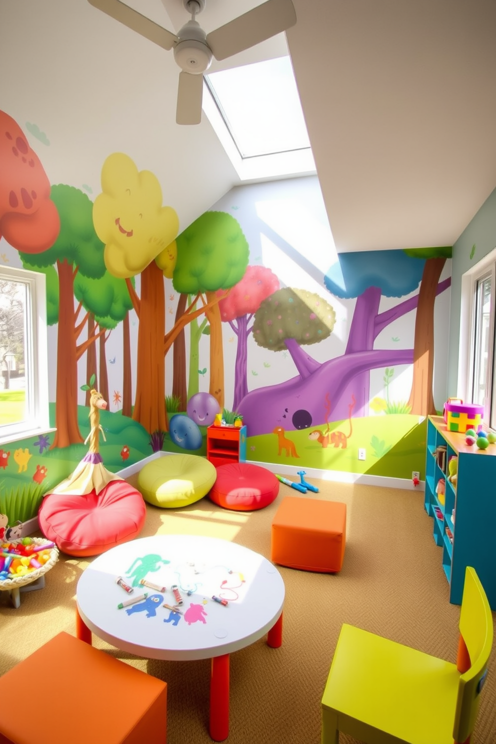 A vibrant playroom featuring a themed mural that depicts a whimsical forest with colorful trees and playful animals. The space is filled with soft, oversized cushions and a variety of toys, encouraging creativity and imaginative play. Brightly colored furniture complements the mural, with a low table for arts and crafts activities. Natural light floods the room through large windows, creating an inviting and cheerful atmosphere.