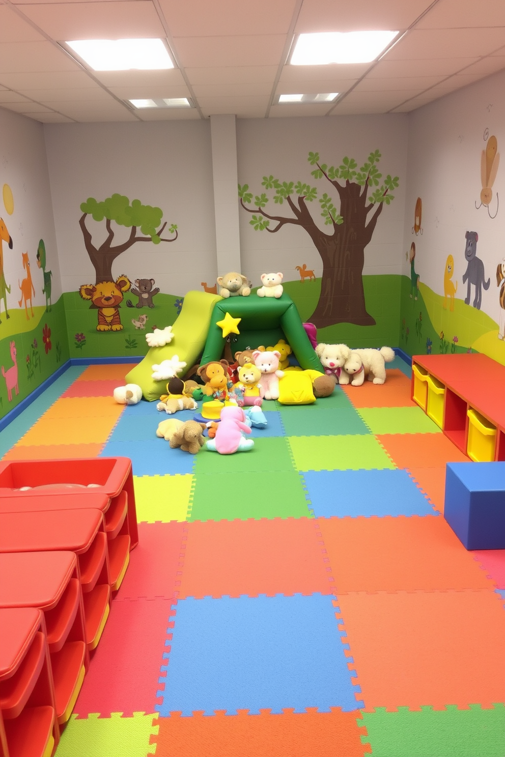 A soft play area designed for children features colorful foam mats that create a safe and inviting environment. The walls are adorned with playful murals of animals and nature, encouraging creativity and exploration. In the center, a variety of plush toys and soft climbing structures provide endless fun. Brightly colored storage bins are neatly arranged to keep the space organized and clutter-free.