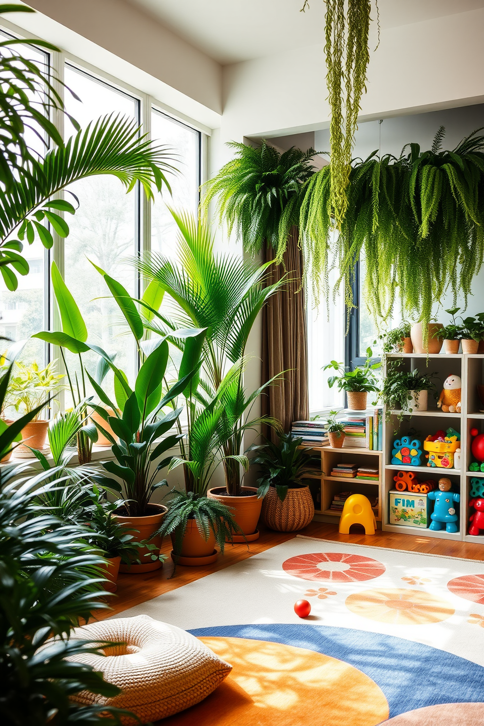 A nature-inspired decor featuring a variety of indoor plants creates a refreshing and vibrant atmosphere. The room is filled with lush greenery, including tall potted palms and cascading ferns, which enhance the natural light streaming through large windows. For the playroom design, bright colors and playful patterns dominate the space. Soft, durable rugs cover the floor, while shelves are filled with toys and books, creating an inviting and stimulating environment for children.