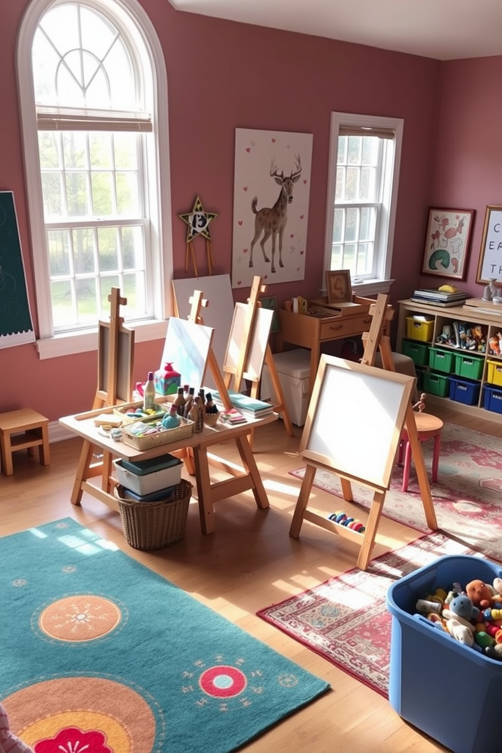 Art station with easels and supplies. The space features several wooden easels positioned around a large, sunlit window, with a variety of paint supplies neatly organized on a nearby table. Playroom design ideas. The room is filled with colorful rugs and soft seating, complemented by playful wall art and storage bins overflowing with toys and games.