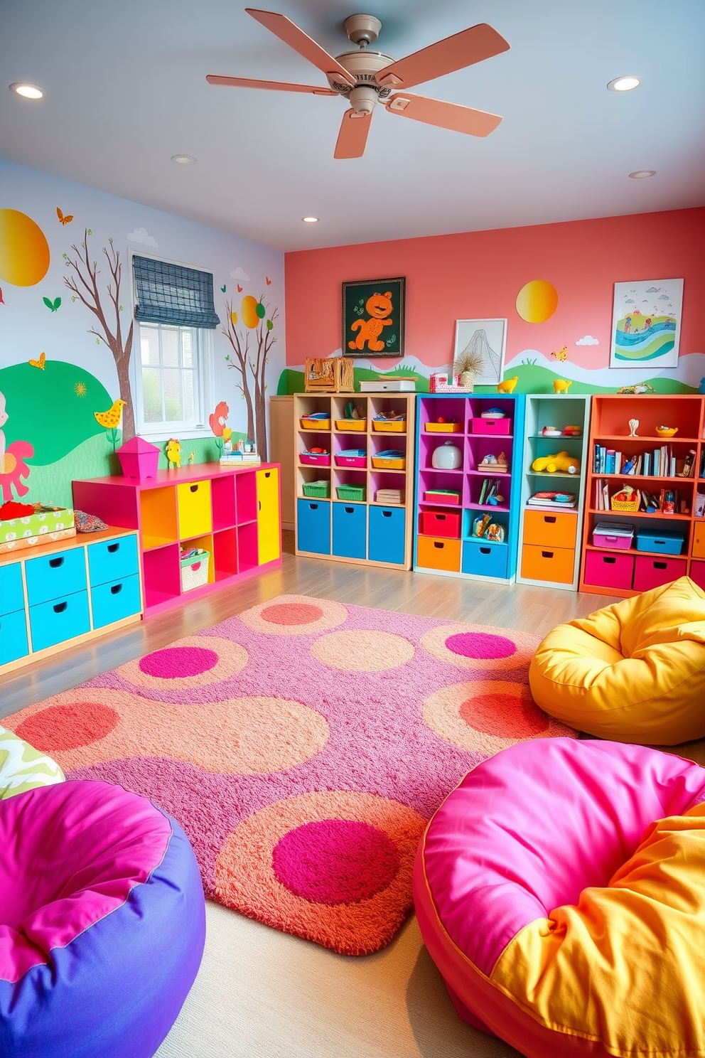 Brightly colored furniture fills the playful playroom, creating an inviting and cheerful atmosphere. A large, soft rug in vibrant hues anchors the space, while bean bags and oversized cushions provide comfortable seating for kids. The walls are adorned with whimsical murals and playful artwork, enhancing the fun environment. A variety of storage solutions in bold colors keep toys organized and easily accessible, encouraging creativity and play.