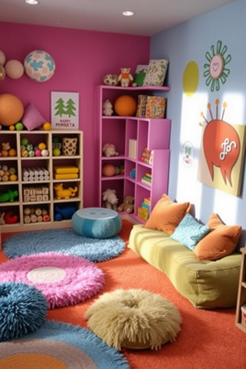 A vibrant sensory play corner filled with various textures and engaging toys. Soft rugs in bright colors cover the floor, while plush cushions invite children to explore their surroundings. Shelves are lined with an assortment of tactile toys, including squishy balls and textured blocks. The walls are painted in cheerful hues, adorned with playful artwork that sparks imagination and creativity.