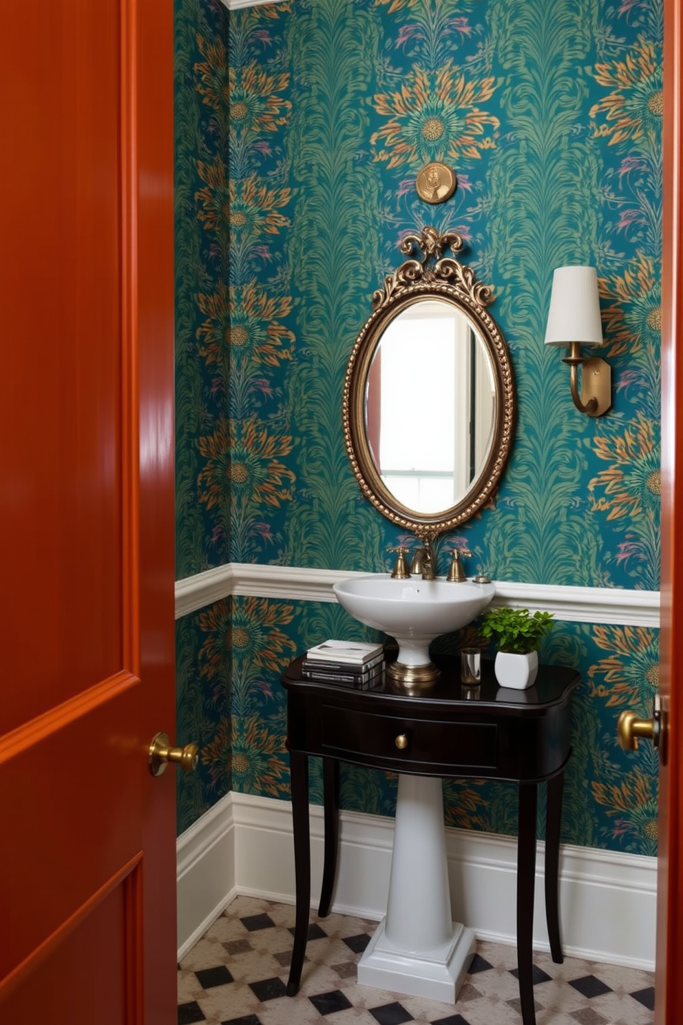 Elegant wallpaper with bold patterns creates a stunning focal point in the powder room. The space features a chic pedestal sink with a vintage-style faucet, complemented by a small round mirror with an ornate frame. The walls are adorned with vibrant, graphic wallpaper that adds depth and character. A stylish console table below the mirror holds decorative items and a small potted plant for a touch of greenery.