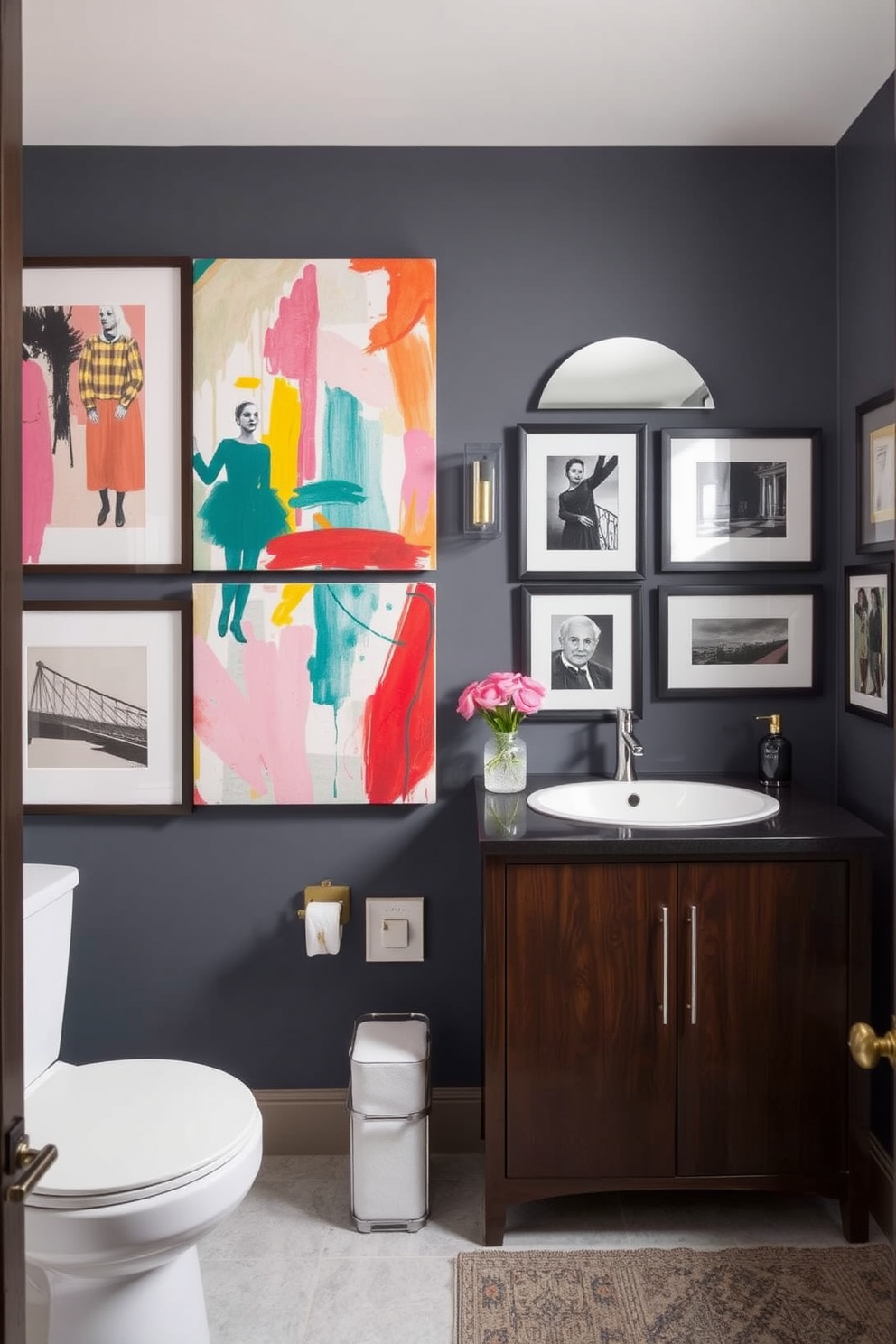 Artistic wall art adds a personal touch to any powder room. Consider a large abstract painting with vibrant colors that complements the room's overall color scheme. Incorporate framed prints or a gallery wall with various styles of art. This will create visual interest and make the space feel unique and inviting.