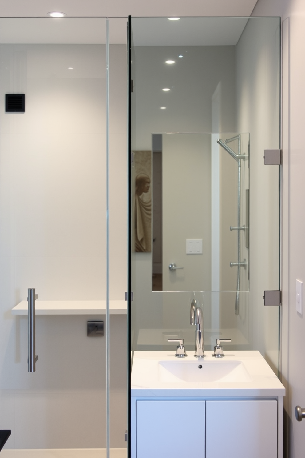 A frameless glass shower creates an open and airy feel in the powder room. The sleek design features minimal hardware, allowing for a seamless transition between the shower and the rest of the space. Soft lighting illuminates the room, highlighting elegant fixtures and a contemporary vanity. A stylish mirror above the sink enhances the sense of space while adding a touch of sophistication.