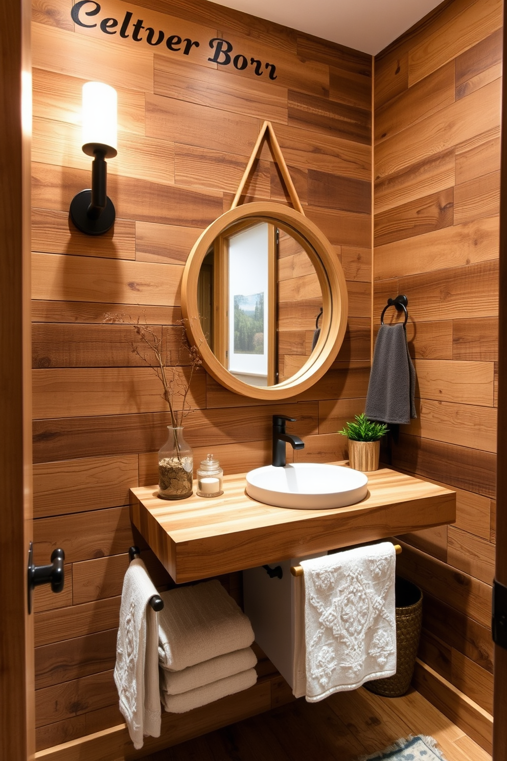 A cozy powder room featuring natural wood elements that create a warm and inviting atmosphere. The walls are adorned with reclaimed wood paneling, while a floating wooden vanity complements the rustic charm of the space. Soft, ambient lighting highlights the natural textures and finishes throughout the room. A round mirror with a wooden frame hangs above the vanity, reflecting the beauty of the carefully chosen decor.