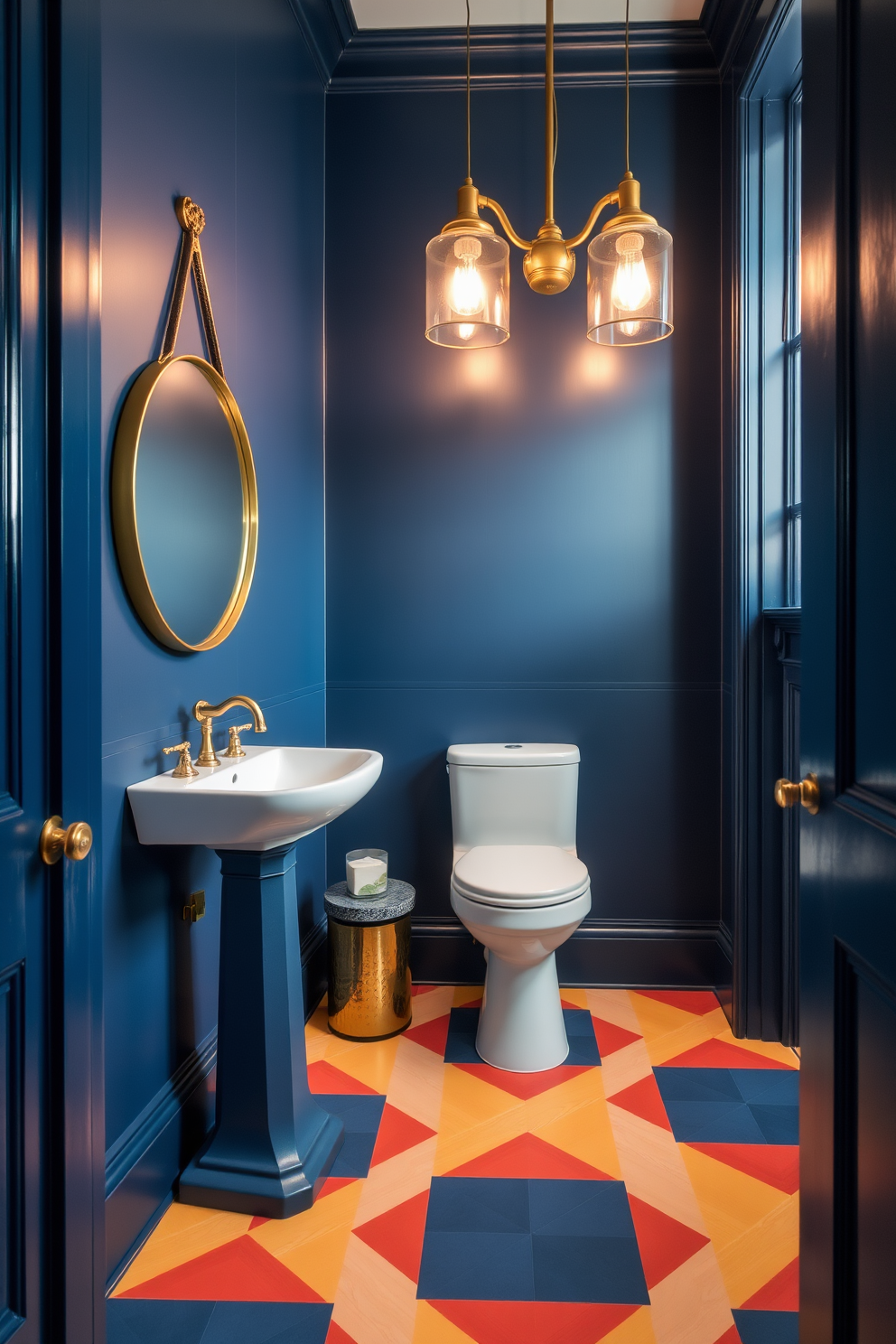 A stylish powder room featuring bold tile designs that create an eye-catching floor. The walls are adorned with a rich navy blue paint, contrasting beautifully with the vibrant geometric tiles below. A sleek pedestal sink is positioned against one wall, complemented by a round mirror with a brass frame. Elegant lighting fixtures hang above, providing a warm glow that enhances the room's sophisticated atmosphere.