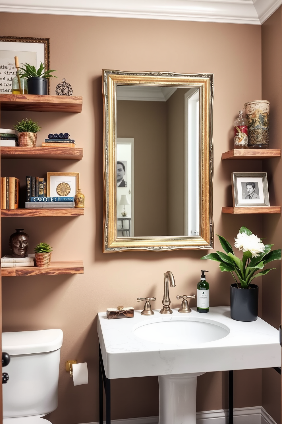 A stylish powder room featuring decorative shelving that showcases an array of curated decor items. The shelves are made of reclaimed wood and are adorned with potted plants, elegant books, and unique art pieces. The walls are painted in a soft taupe color, creating a warm and inviting atmosphere. A chic mirror with a vintage gold frame hangs above a sleek console table, enhancing the overall elegance of the space.